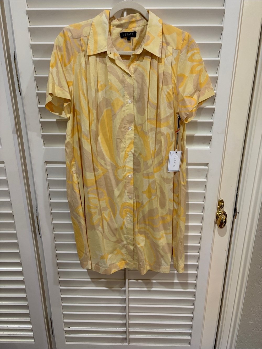 1 STATE Yellow Swirl Short-Sleeve Button-Down Dress with Slip. Size small NWT